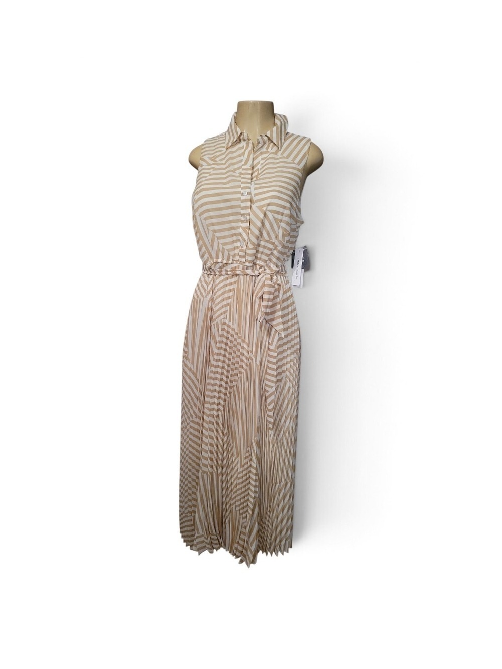 Sandra Darren Beige & White Striped Maxi Shirt Dress - Picture 2 of 6